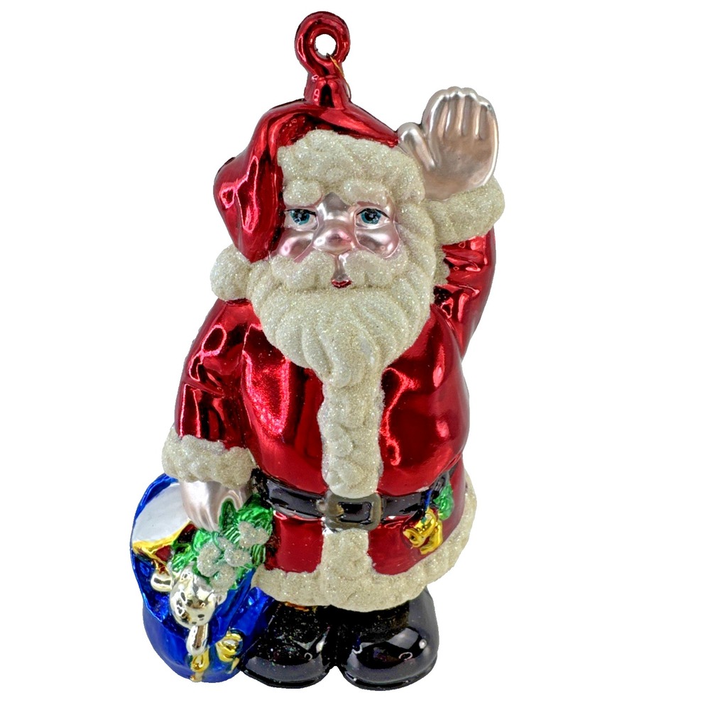Large Santa Claus Christmas Ornament Plastic Waving with Bag of Toys 8" Tall